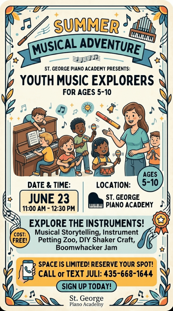 Summer music camp flyer for St. George Piano Academy Utah
